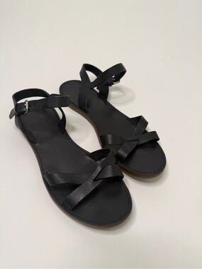 Madewell Crossover Strappy Leather Flat Sandals Black Ankle Strap Size 7.5/8